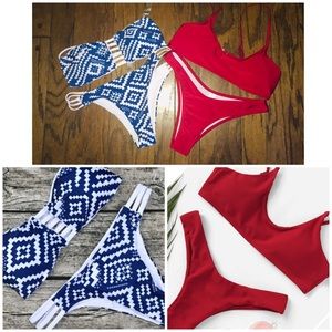 2 never worn bikinis. Blue/white Aztec print& Red